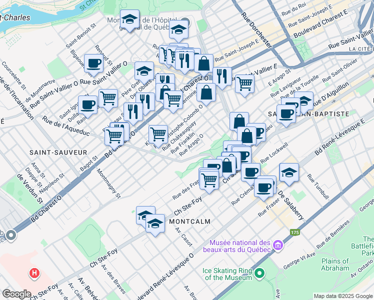 map of restaurants, bars, coffee shops, grocery stores, and more near 415 Rue Arago Ouest in Ville de Québec