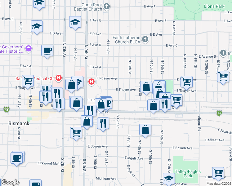 map of restaurants, bars, coffee shops, grocery stores, and more near 320 North 12th Street in Bismarck