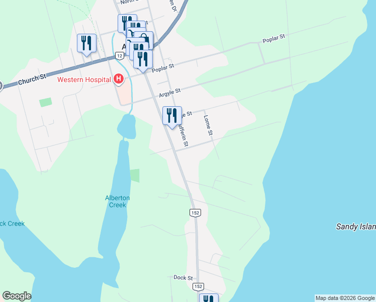 map of restaurants, bars, coffee shops, grocery stores, and more near 6 Dufferin Street in Alberton