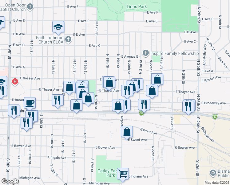 map of restaurants, bars, coffee shops, grocery stores, and more near 300 North 19th Street in Bismarck