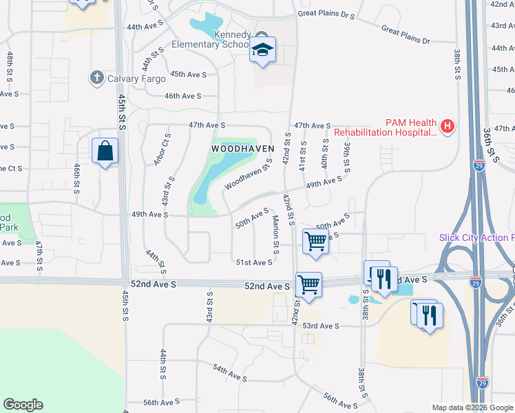 map of restaurants, bars, coffee shops, grocery stores, and more near 4229 49th Ave S in Fargo