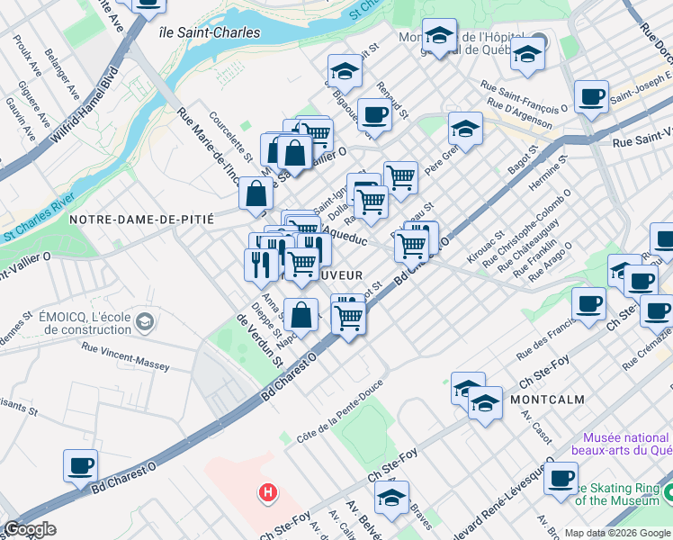 map of restaurants, bars, coffee shops, grocery stores, and more near 671 Avenue des Oblats in Québec