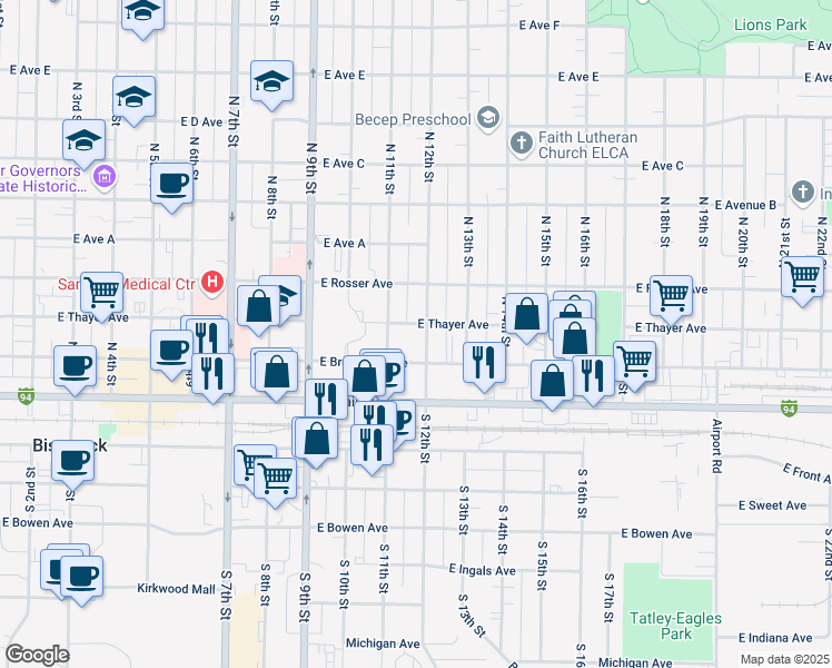map of restaurants, bars, coffee shops, grocery stores, and more near 320 North 12th Street in Bismarck