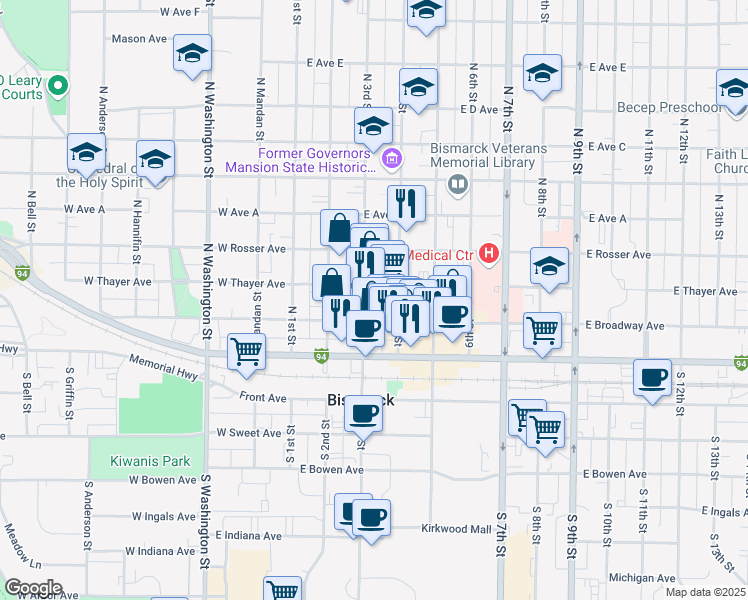 map of restaurants, bars, coffee shops, grocery stores, and more near 222 North 4th Street in Bismarck