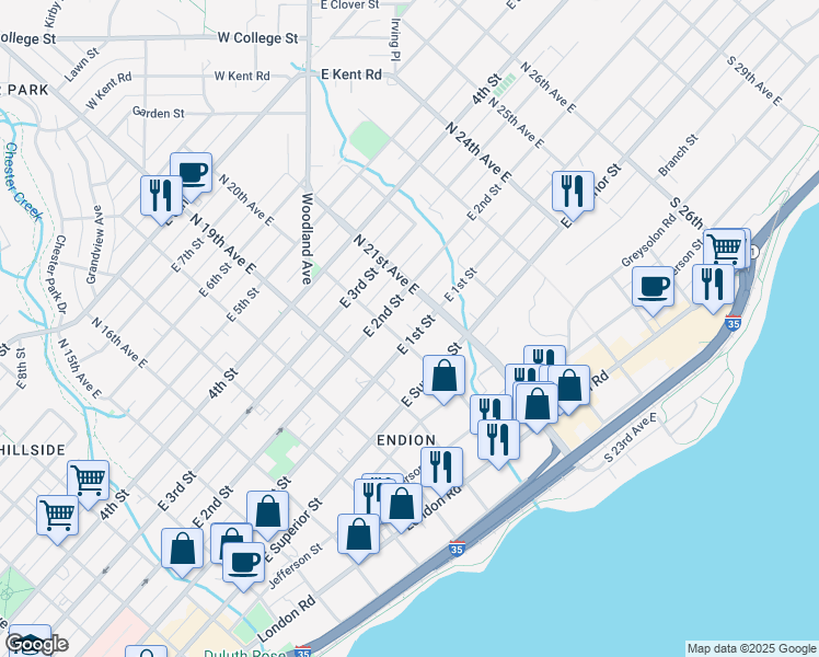 map of restaurants, bars, coffee shops, grocery stores, and more near 2018 East 2nd Street in Duluth