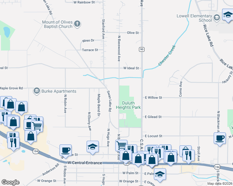 map of restaurants, bars, coffee shops, grocery stores, and more near in Duluth