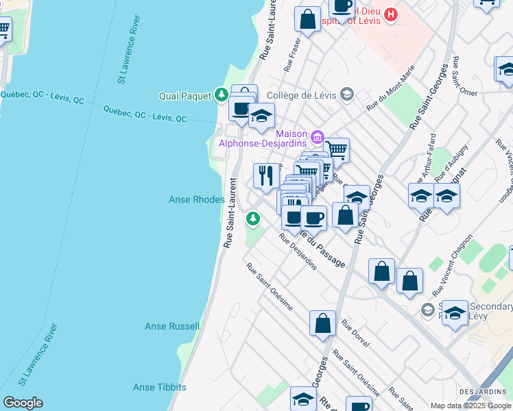 map of restaurants, bars, coffee shops, grocery stores, and more near 1 Côte du Passage in Levis