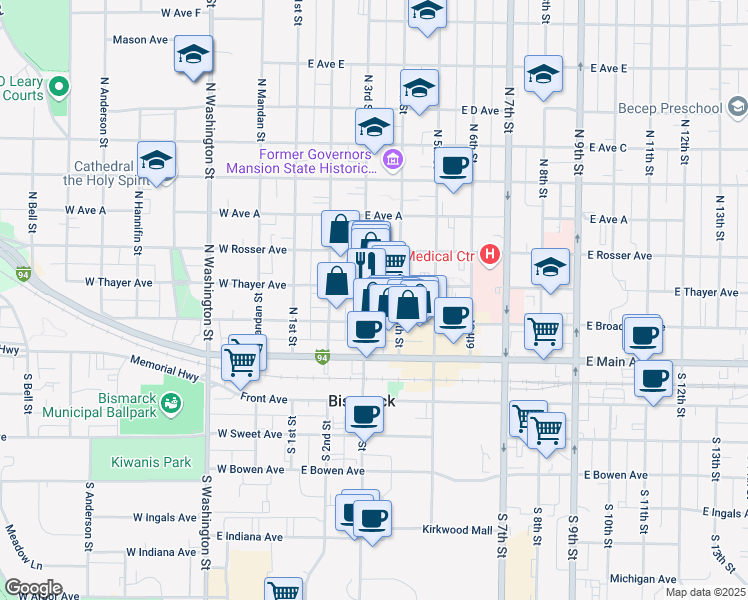 map of restaurants, bars, coffee shops, grocery stores, and more near 222 North 4th Street in Bismarck