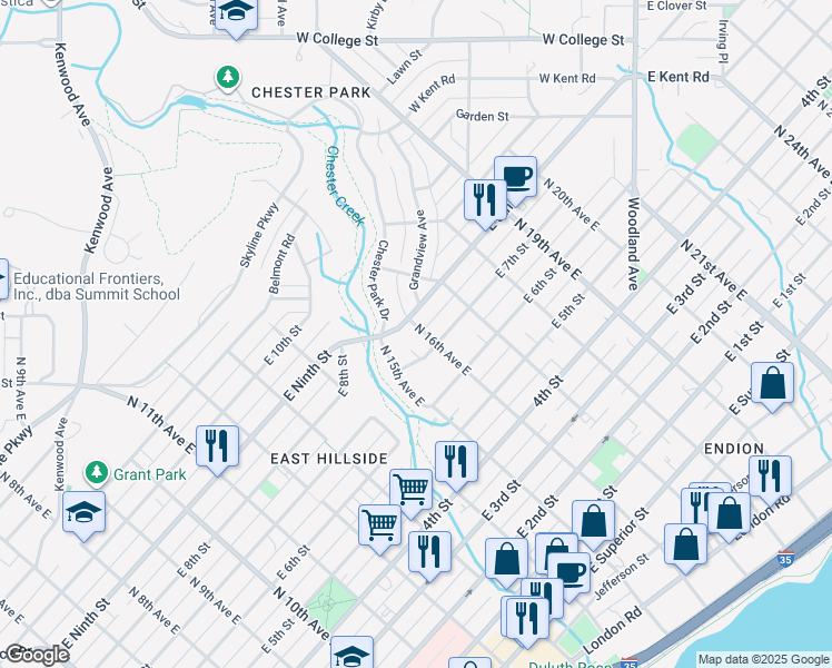 map of restaurants, bars, coffee shops, grocery stores, and more near 719 North 16th Avenue East in Duluth