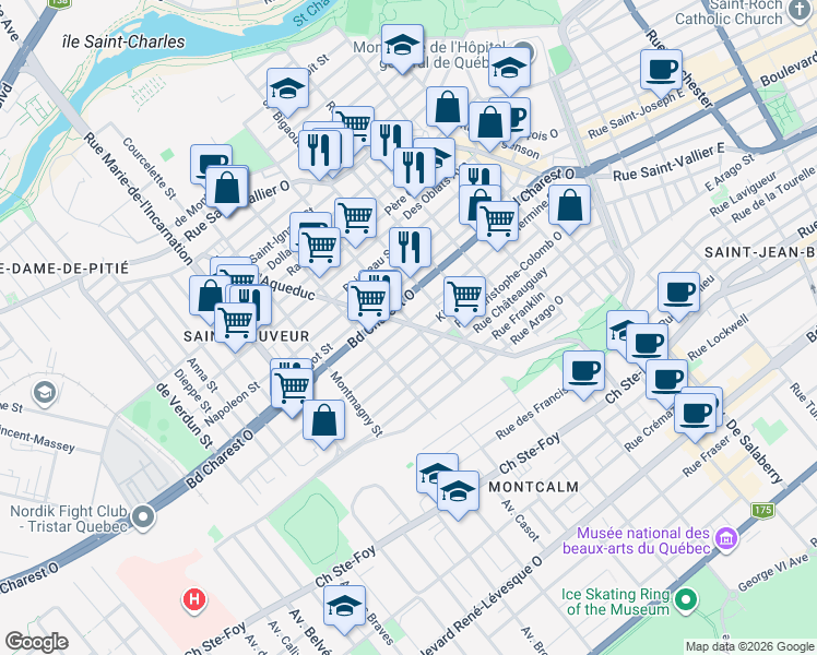 map of restaurants, bars, coffee shops, grocery stores, and more near 484 Rue de l'Aqueduc in Québec