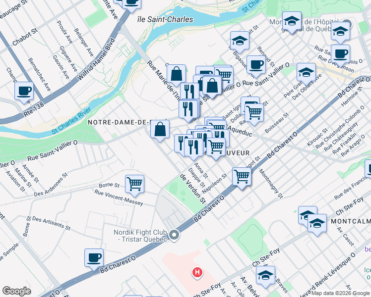 map of restaurants, bars, coffee shops, grocery stores, and more near 221 Rue Anna in Québec City