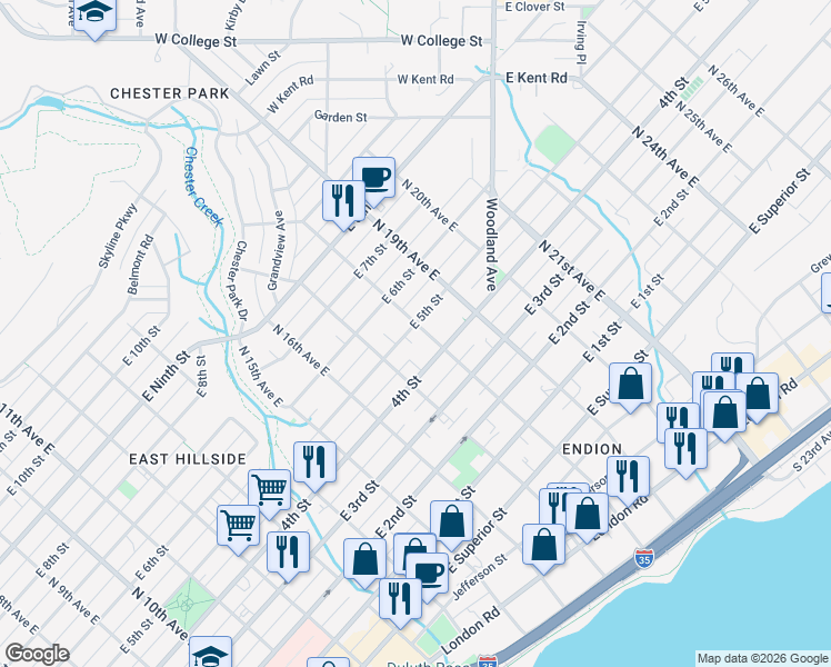 map of restaurants, bars, coffee shops, grocery stores, and more near 1810 East 5th Street in Duluth
