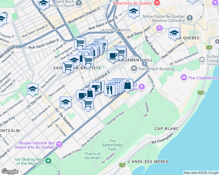 map of restaurants, bars, coffee shops, grocery stores, and more near 1090 Rue de la Chevrotière in Ville de Québec