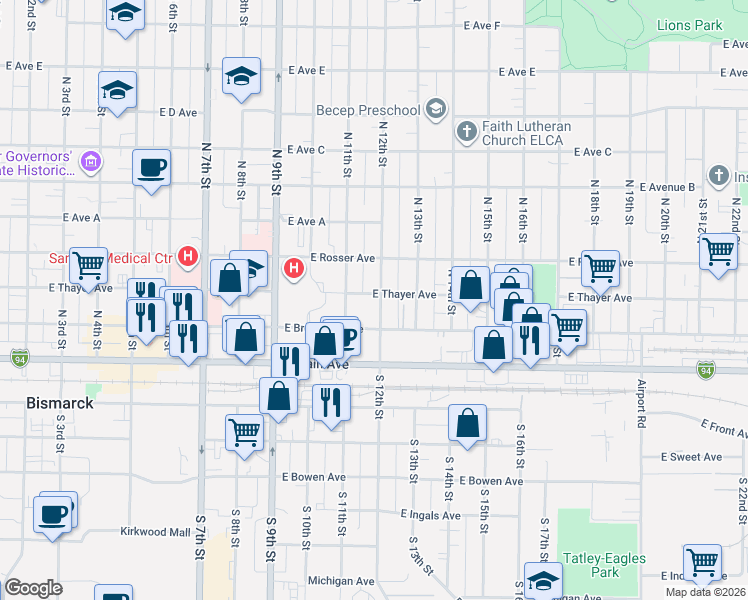 map of restaurants, bars, coffee shops, grocery stores, and more near 320 North 12th Street in Bismarck