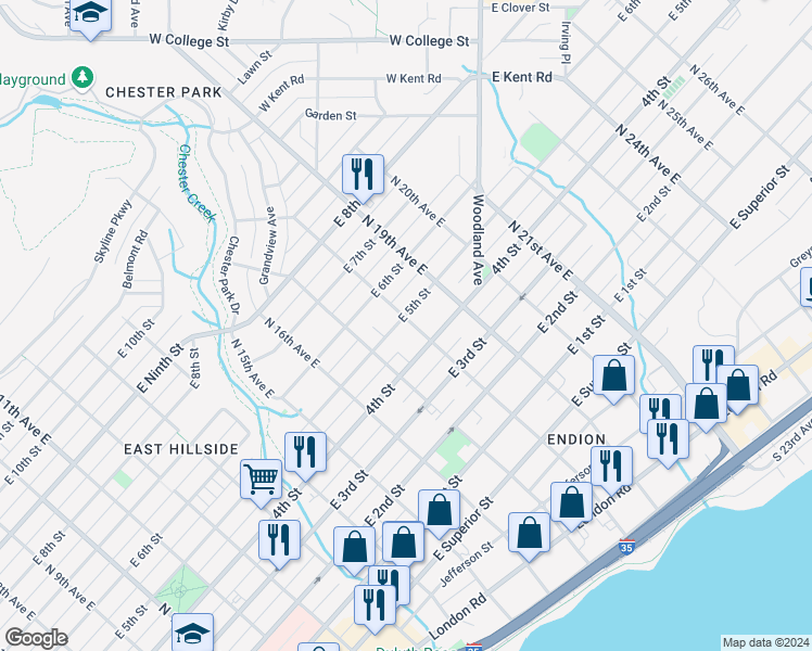 map of restaurants, bars, coffee shops, grocery stores, and more near 1810 East 5th Street in Duluth
