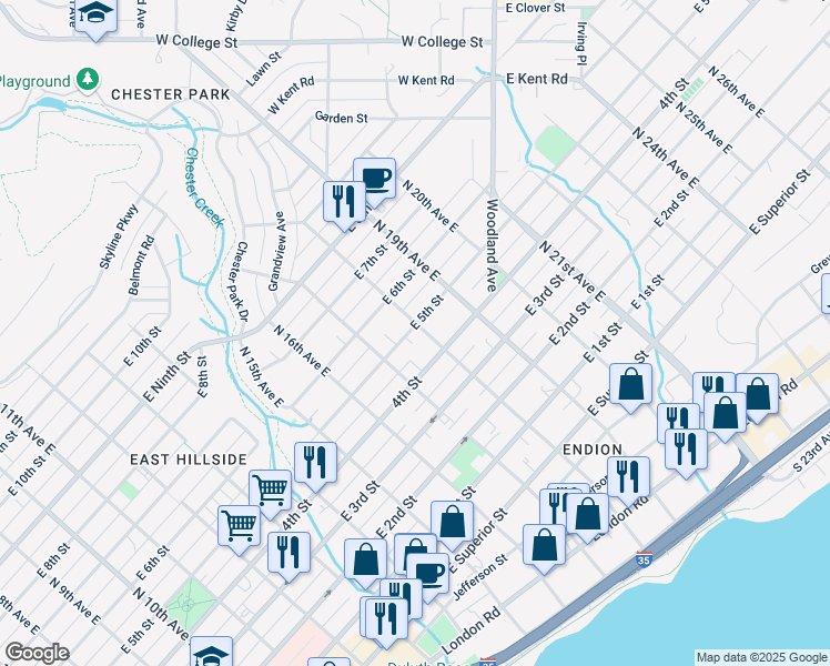 map of restaurants, bars, coffee shops, grocery stores, and more near 1725 East 5th Street in Duluth
