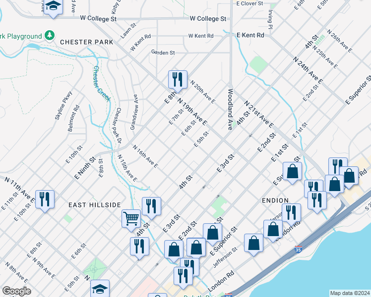 map of restaurants, bars, coffee shops, grocery stores, and more near 1725 East 5th Street in Duluth