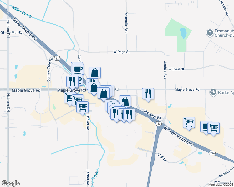 map of restaurants, bars, coffee shops, grocery stores, and more near 1618 Maple Grove Road in Duluth