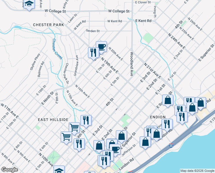 map of restaurants, bars, coffee shops, grocery stores, and more near 1719 East 5th Street in Duluth
