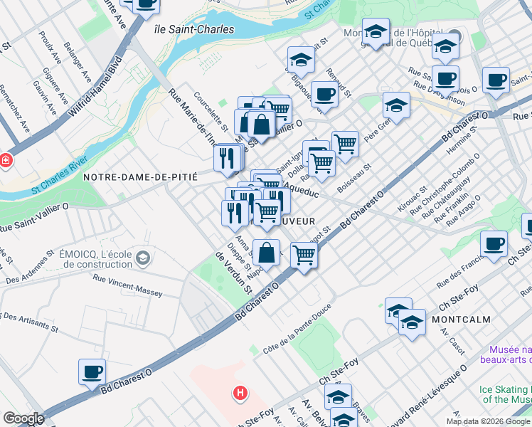 map of restaurants, bars, coffee shops, grocery stores, and more near 294 Rue Marie-de-l'Incarnation in Québec