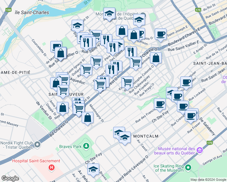 map of restaurants, bars, coffee shops, grocery stores, and more near 487 Rue de l'Aqueduc in Québec
