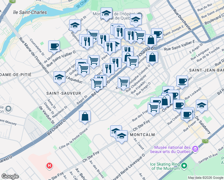 map of restaurants, bars, coffee shops, grocery stores, and more near 489 Rue de l'Aqueduc in Québec