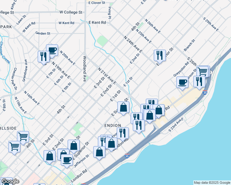 map of restaurants, bars, coffee shops, grocery stores, and more near 2013 East 1st Street in Duluth