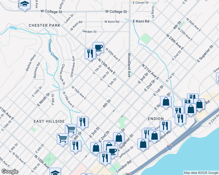 map of restaurants, bars, coffee shops, grocery stores, and more near 1810 East 5th Street in Duluth