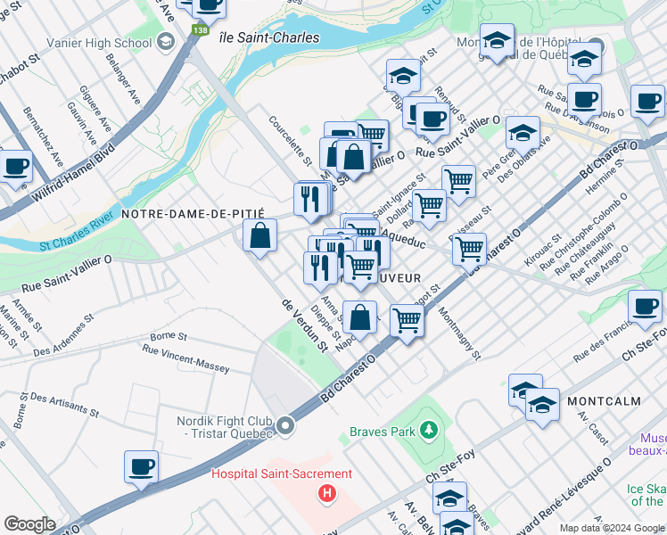map of restaurants, bars, coffee shops, grocery stores, and more near 284 Rue Lafayette in Québec