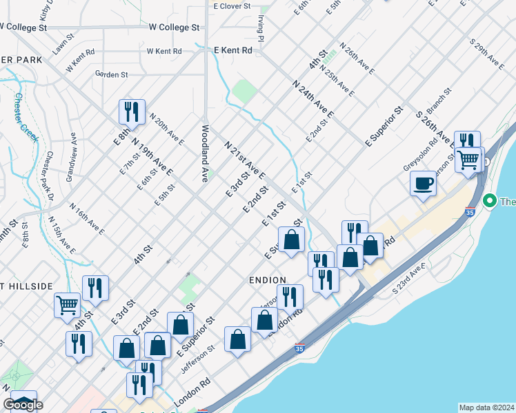 map of restaurants, bars, coffee shops, grocery stores, and more near 118 North 20th Avenue East in Duluth