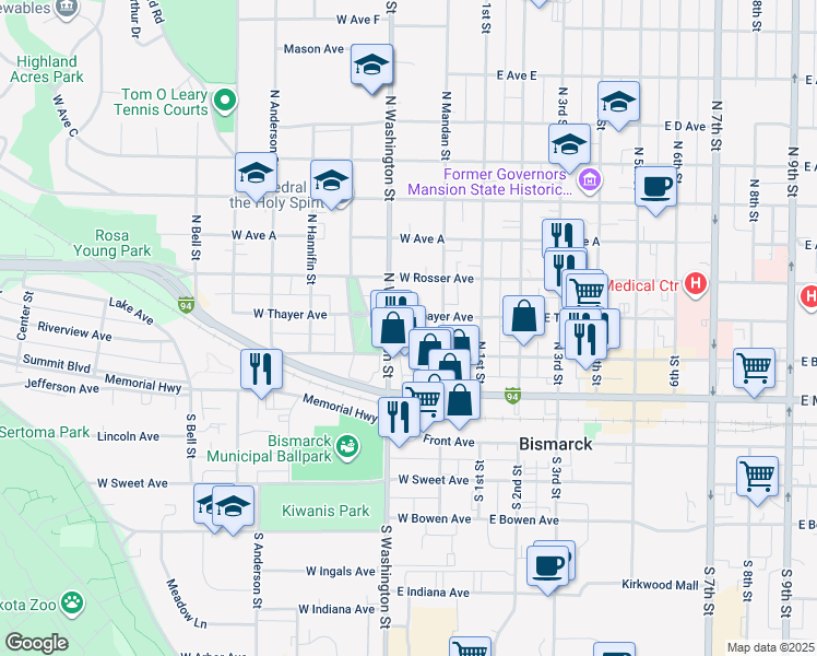 map of restaurants, bars, coffee shops, grocery stores, and more near 223 West Thayer Avenue in Bismarck