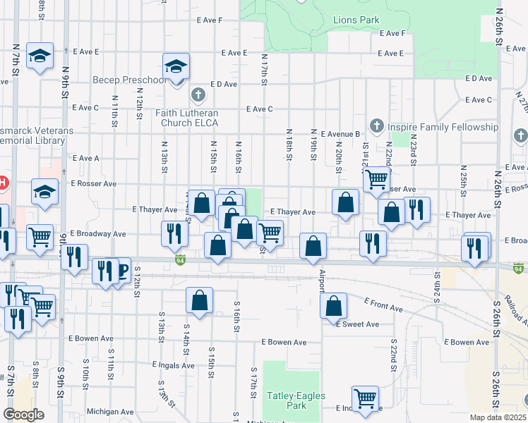 map of restaurants, bars, coffee shops, grocery stores, and more near East Thayer Avenue in Bismarck