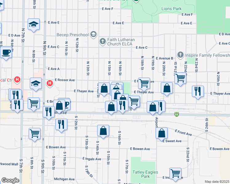 map of restaurants, bars, coffee shops, grocery stores, and more near 1514 East Thayer Avenue in Bismarck