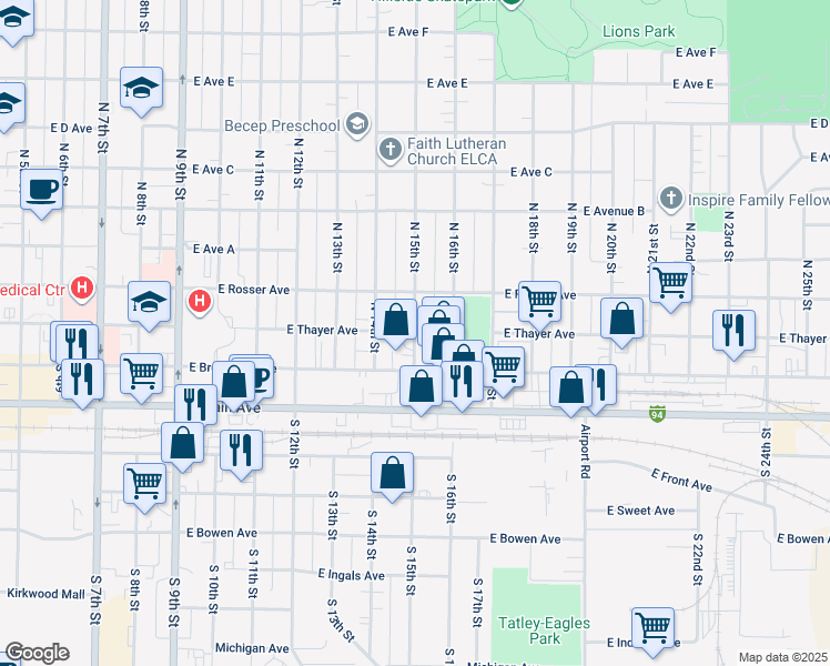 map of restaurants, bars, coffee shops, grocery stores, and more near 302 North 15th Street in Bismarck