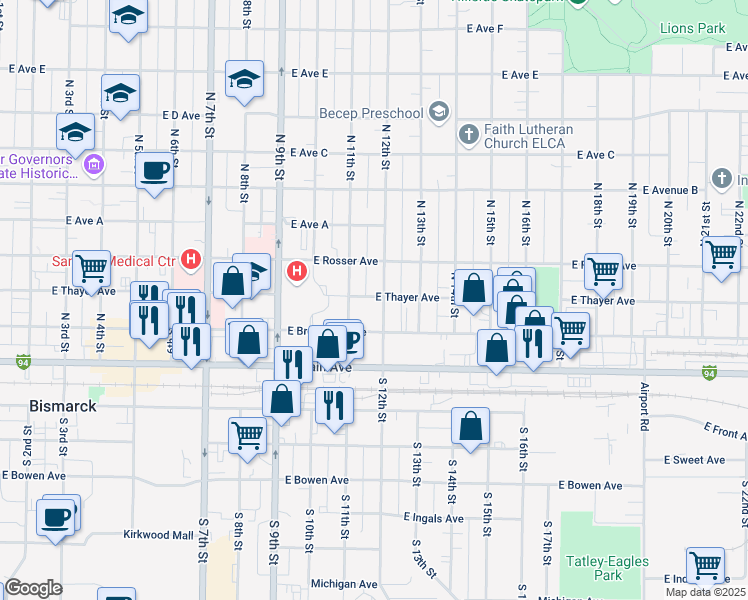 map of restaurants, bars, coffee shops, grocery stores, and more near 320 North 12th Street in Bismarck