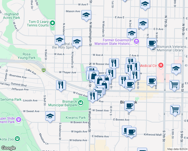 map of restaurants, bars, coffee shops, grocery stores, and more near 223 West Thayer Avenue in Bismarck