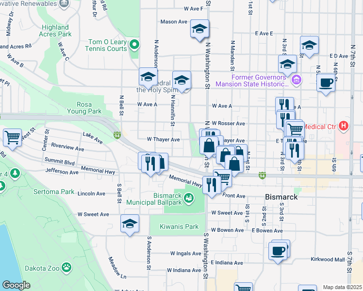 map of restaurants, bars, coffee shops, grocery stores, and more near 421 West Thayer Avenue in Bismarck
