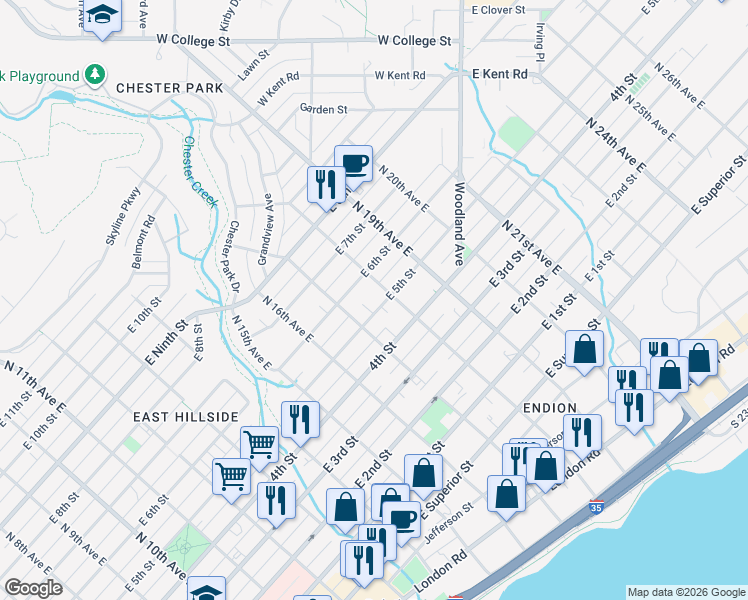 map of restaurants, bars, coffee shops, grocery stores, and more near 1725 East 5th Street in Duluth