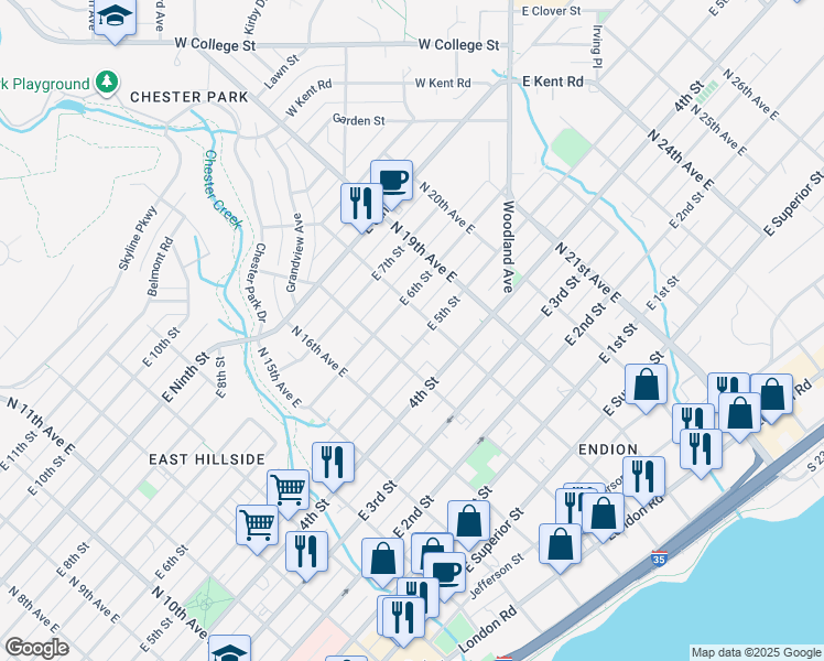 map of restaurants, bars, coffee shops, grocery stores, and more near 1725 East 5th Street in Duluth