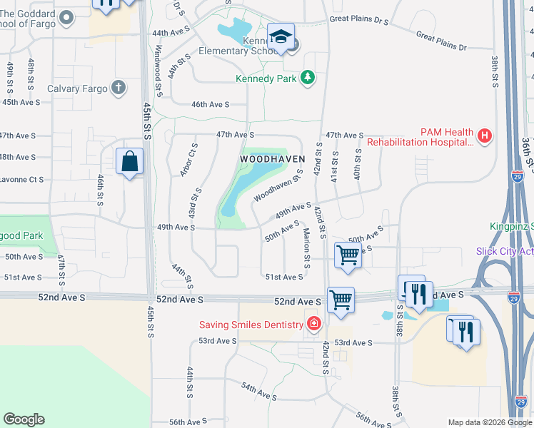 map of restaurants, bars, coffee shops, grocery stores, and more near 4273 49th Ave S in Fargo