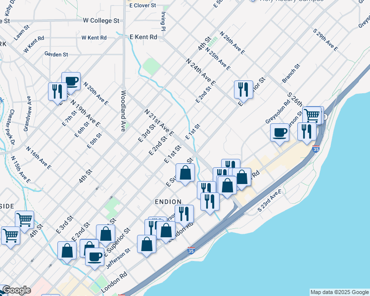 map of restaurants, bars, coffee shops, grocery stores, and more near 21 North 21st Avenue East in Duluth