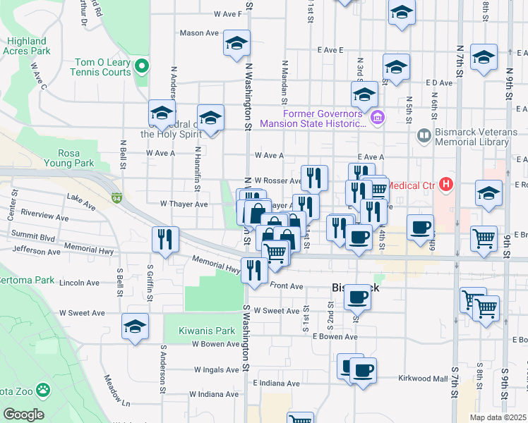 map of restaurants, bars, coffee shops, grocery stores, and more near 219 West Thayer Avenue in Bismarck