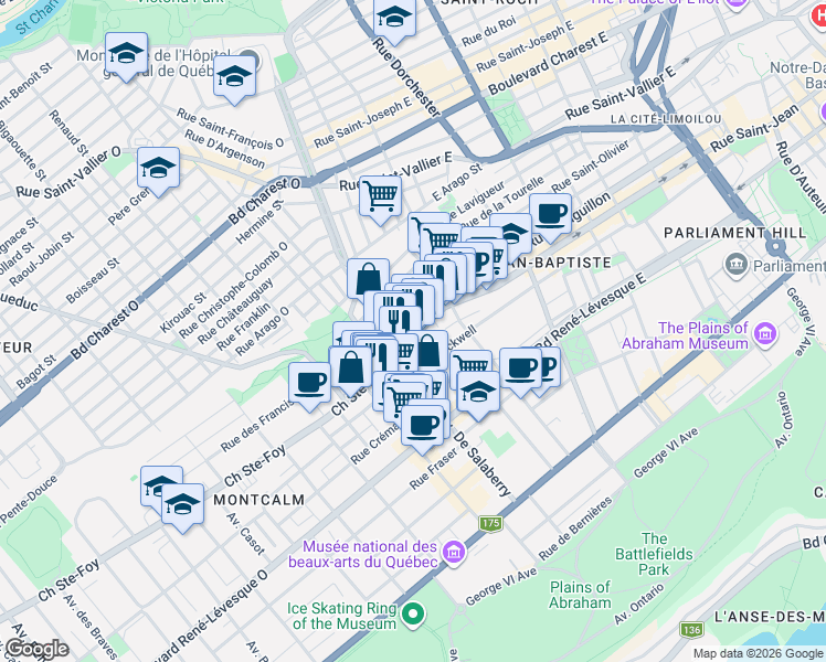 map of restaurants, bars, coffee shops, grocery stores, and more near 98 Rue Saint-Jean in Québec