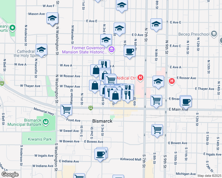 map of restaurants, bars, coffee shops, grocery stores, and more near 222 North 4th Street in Bismarck