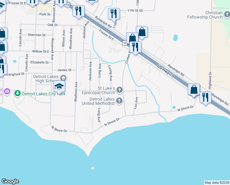 map of restaurants, bars, coffee shops, grocery stores, and more near 1325 Loring Avenue in Detroit Lakes