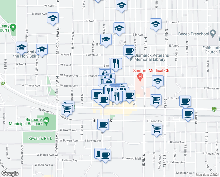 map of restaurants, bars, coffee shops, grocery stores, and more near 311 East Thayer Avenue in Bismarck