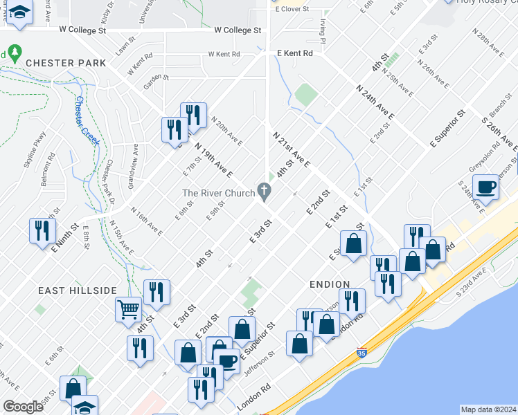 map of restaurants, bars, coffee shops, grocery stores, and more near 1830 East 4th Street in Duluth