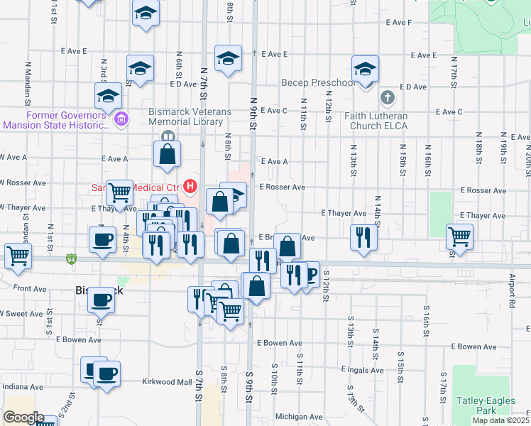 map of restaurants, bars, coffee shops, grocery stores, and more near 900 East Broadway Avenue in Bismarck
