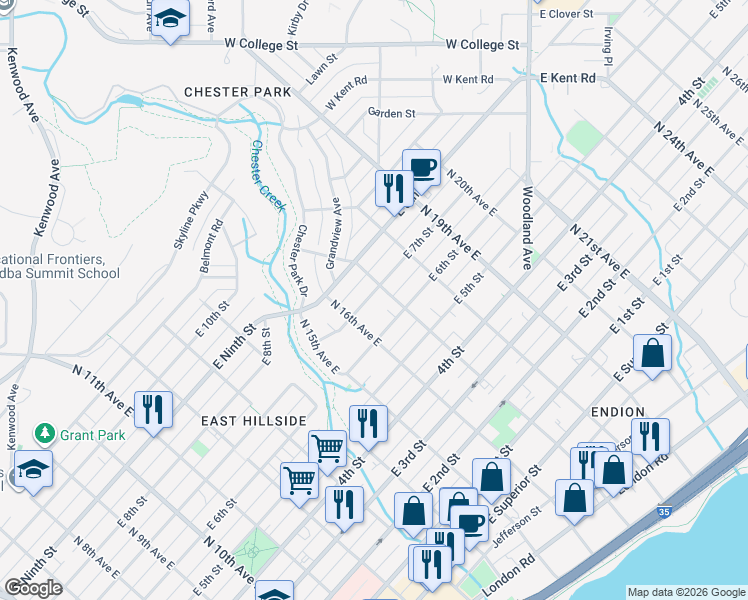 map of restaurants, bars, coffee shops, grocery stores, and more near 1624 East 7th Street in Duluth