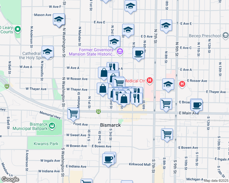 map of restaurants, bars, coffee shops, grocery stores, and more near 222 North 4th Street in Bismarck